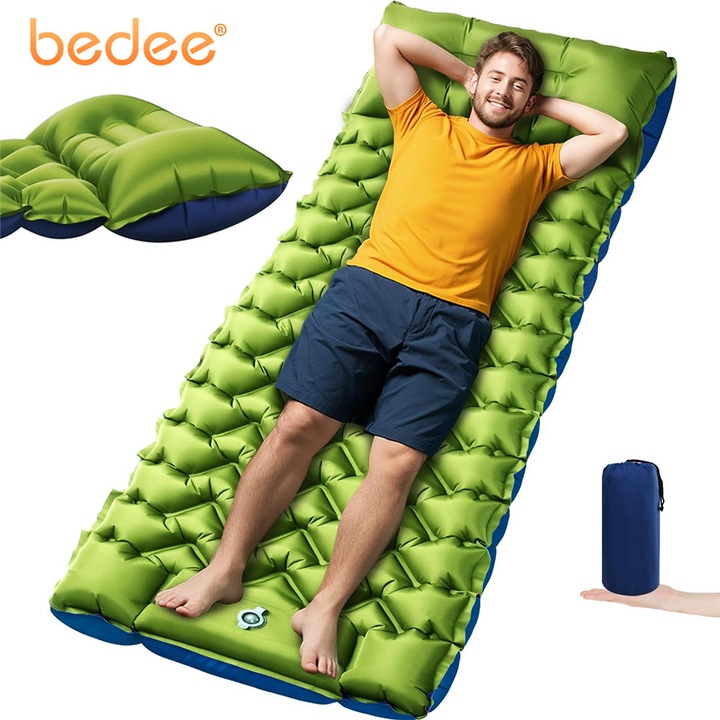 Saltea autogonflabila pentru camping, Bedee,193x68x8cm, cu perna, saltea de dormit cu pompa de picior incorporata, saltea de camping lata si compacta pentru calatorii, cort, drumetii, excursii, echipament de camping cu masina, Verde masliniu
