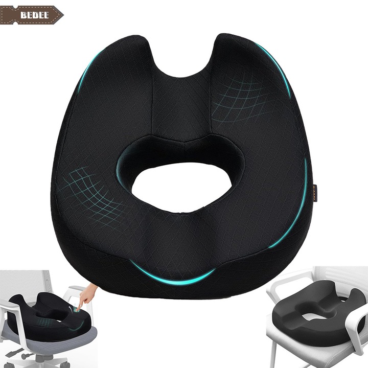 Perna ortopedica sezut, Bedee, Amelioreaza eficient durerea si stresul, ofera o potrivire confortabila, Dureri de sold, Sciatica, Hemoroizi, respirabila si antialunecare, pentru scaun de birou si masina, Negru+Alb