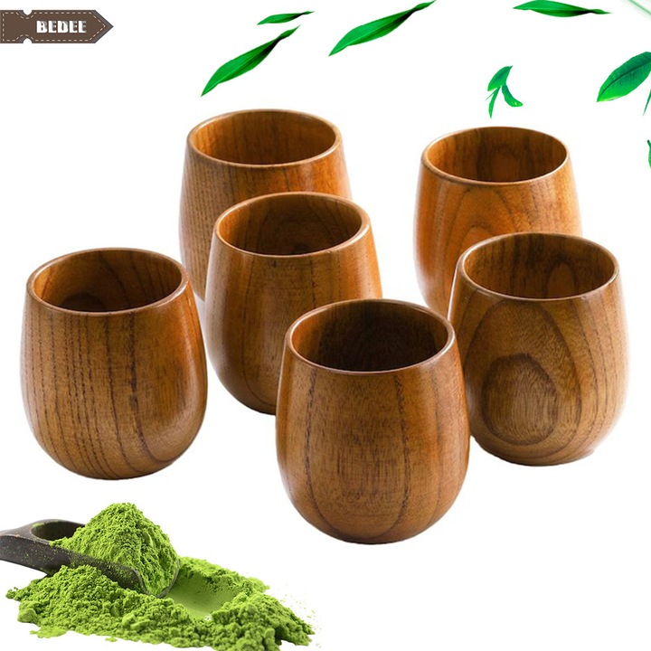 Pachet 6 cesti de ceai natural, Bedee, Cesti de ceai japoneze de 5 oz, Materiale naturale, izolatie termica, cana de apa din lemn natural lucrata manual pentru baut, vin, lapte, cafea, 150 ml, Maro