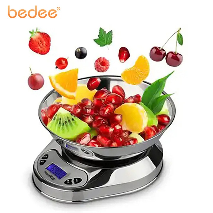 Cantar de bucatarie cu bol, Bedee, volum de 2.5 l, Cantar electronic din otel inoxidabil pentru gatit si copt, cu bol detasabil, Dimensiuni compacte si usor de utilizat, potrivite pentru coacerea prajiturilor si cantarirea fructelor