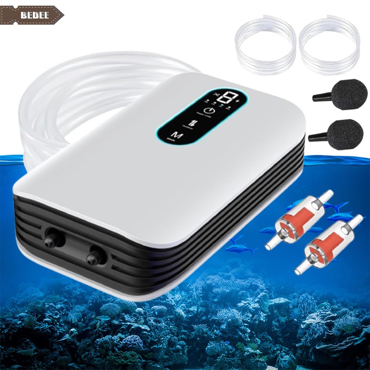 Pompa de aer pentru acvariu, Bedee, pompa de oxigen reincarcabila cu iesire dubla pentru pescuit in aer liber si intreruperi de curent, debit reglabil 1,5 L/min x2, ultra silentioasa, Alb