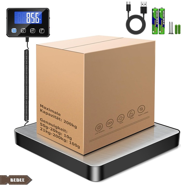 Cantar electronic pentru logistica, Bedee, Cantare cu platforma de inalta precizie 200 kg/10 g cu functie LCD/Hold/Tare, cantare postale din otel inoxidabil pentru colete, bagaje, depozit, uz comercial si casnic, reincarcabila,27.48x27.48x3.68cm
