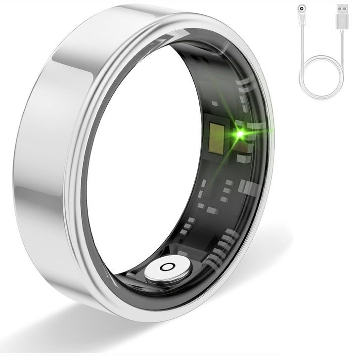 Интелигентен пръстен, 5ATM водоустойчив, монитор за сърдечен ритъм, блестящо сребро, 10, 8x8x3см