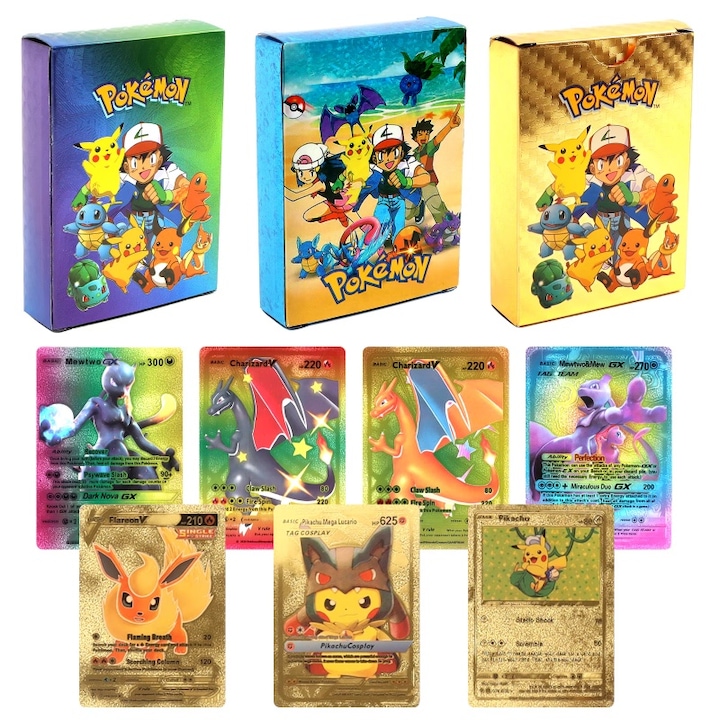 Set 3 pachete carti Pokemon, totaling 165 Pokémon cards. Pokémon Trading Card Game. Pokémon playing cards. Suitable for children aged 6 and up. Features gold/colorful/diamond patterns