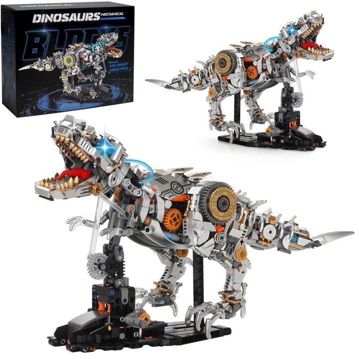 Walalla mechanikus építőjáték készlet dinoszauruszokkal, Jurassic Animal Tyrannosaurus Rex modell világítással és kijelzőállvánnyal, STEM DIY asztali dísz játék 12+ éves gyermekeknek, születésnapi ajándék ötlet