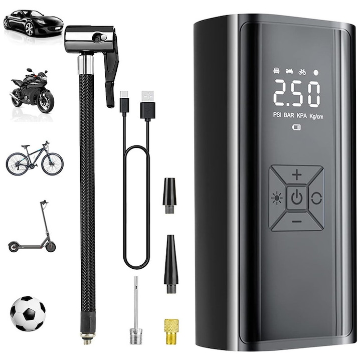 Pompa de umflat electrica Bedee, 6000mAh, 150PSI, portabila, cu display LCD, neagra, 16x8x6cm
