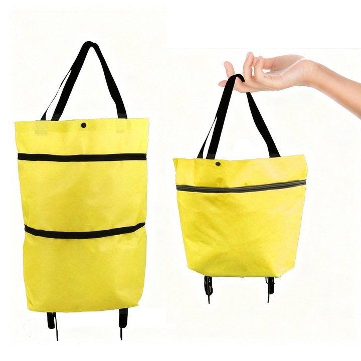 Összecsukható bevásárlókocsi, 600D, vízálló, 10L, kerekekkel, ergonomikus kialakítás, sárga