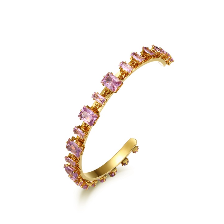 Bratara cu diamante colorate patrate, forma de floare, lux exceptional, stralucire uimitoare, cadou de sarbatoare, auriu/mov