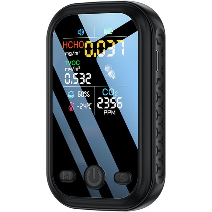 Monitor de calitate a aerului, portabil, 5 in 1, senzor de temperatura si umiditate, negru