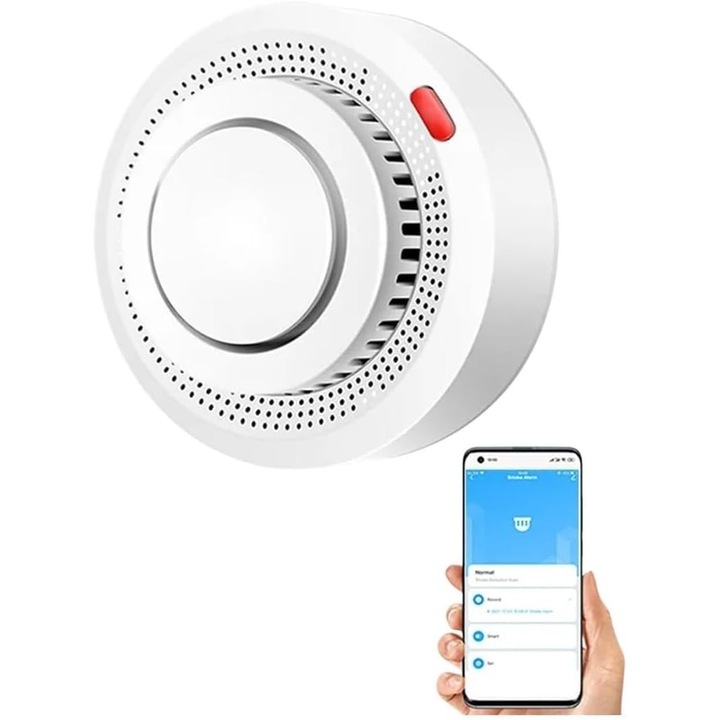 Detector de fum WiFi cu aplicatie Tuya, set Smart Home, detectie sensibila, alarma sonora, multicolor