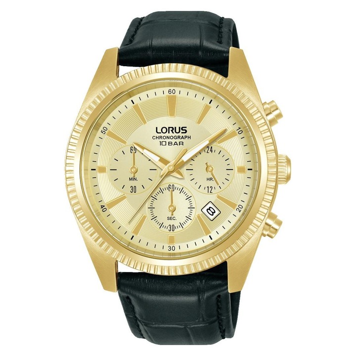 Ceas barbatesc Lorus RT302LX9, cadran sampanie, carcasa galbena, curea din piele, mecanism quartz Seiko, 2 ani garantie