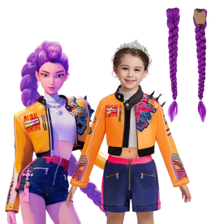 The Witcher Girls cosplay costum Rumi, set din patru piese (jacheta + tricou + pantaloni + peruca), portocaliu-galben, inaltime 140cm