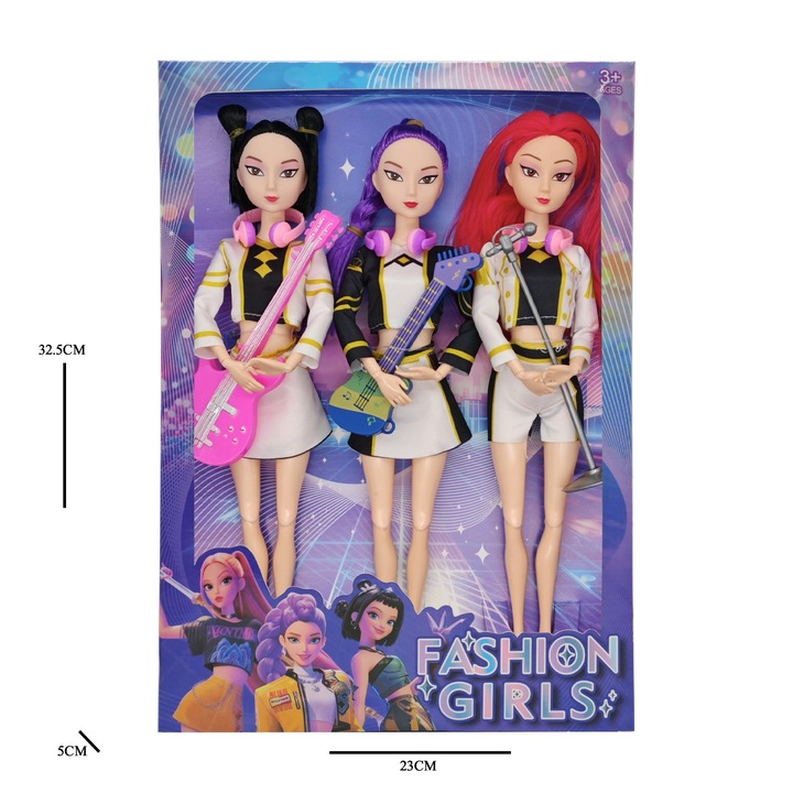 Set papusi K-POP, Lumi + Mila + Zoe, costume albe, instrumente