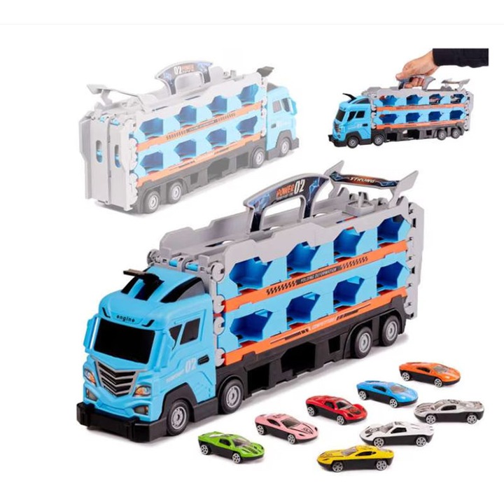 Omelivon szállítójáték teherautó készlet, 8 autó, katapult, versenypálya, kék többszínű, 1:64, Omelivon