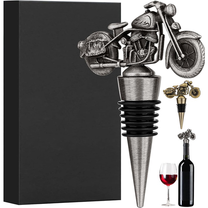 Dop pentru sticla de vin sau alte bauturi, Omelivon, set 2 piese design motocicleta bronz antichizat zinc, Accesoriu Elegant si Util pentru Iubitorii de Motoare, Metal, argint+Bronz