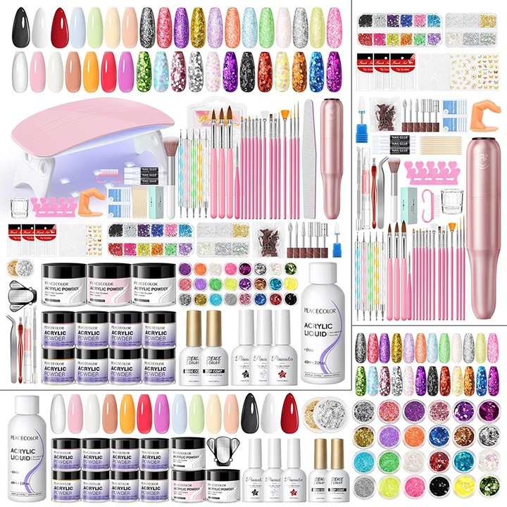 Set complet de unghii acrilice, Rqiurpn, cu lampa UV/LED pliabila, 28 culori pudra acrilica, pila electrica, cu freza pentru unghii, Lampa pentru unghii