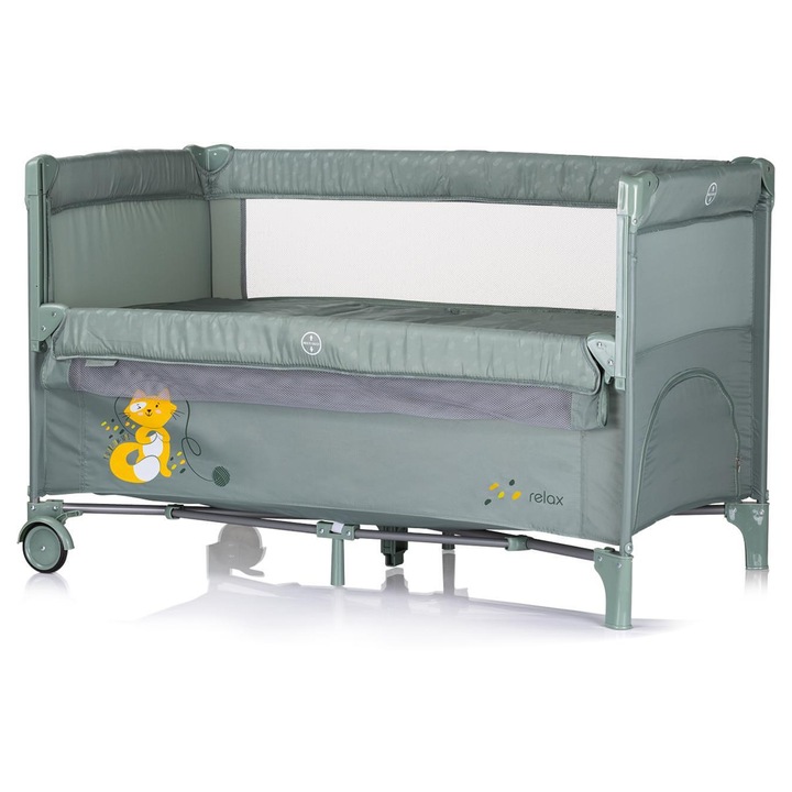 Lehajtható oldalú kiságy, zöld, textil, 15 kg-ig