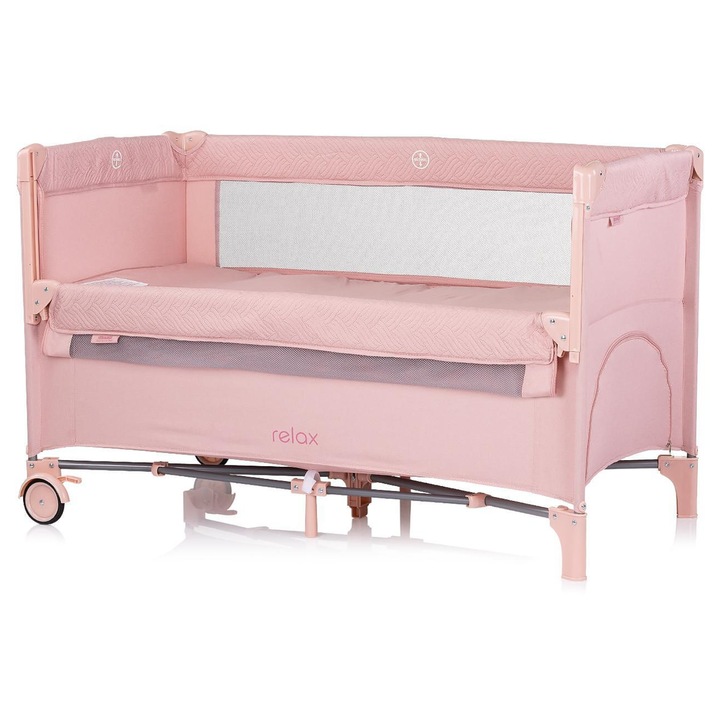 Lehajtható oldalú kiságy, rózsaszín, textil, max. 15 kg