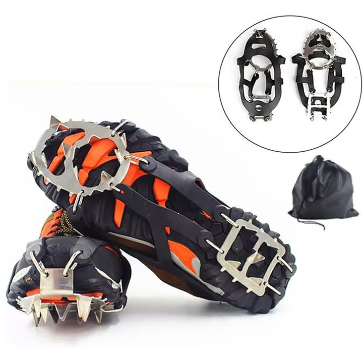 Crampoane pentru incaltaminte, 18 varfuri din otel inoxidabil, ajustabile, negre, set de 2 piese