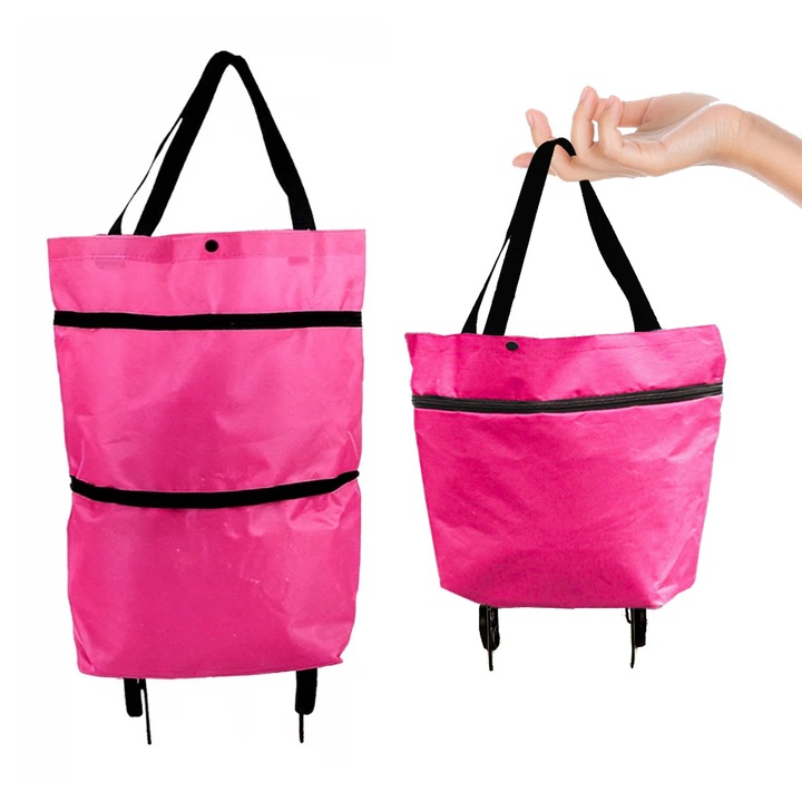 Összecsukható bevásárlókocsi, 600D, vízálló, 10L, kerekek, ergonomikus kialakítás, rózsaszín