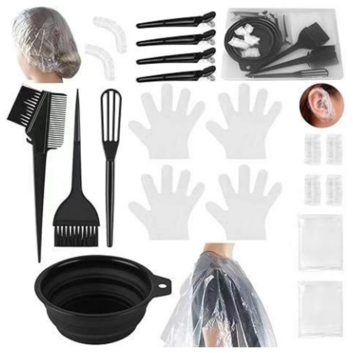 Set 16 Trusa Profesionala pentru Vopsit Par, cu Bol, Capac pentru Urechi, Negru, 23x15x7cm, Lunniquee