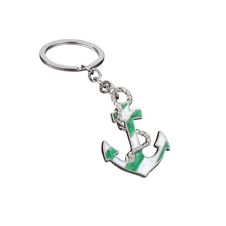 Kulcstartó Medál Horgony, Tengeri Tematika, Zománcozott Részletek, zöld