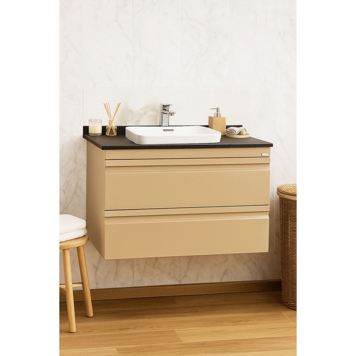 Set mobilier Baie MDF cu blat compozit si lavoar ceramica, BadenMob, Seria 686, Suspendat cu sertare, 80x46x52cm, Cappuccino
