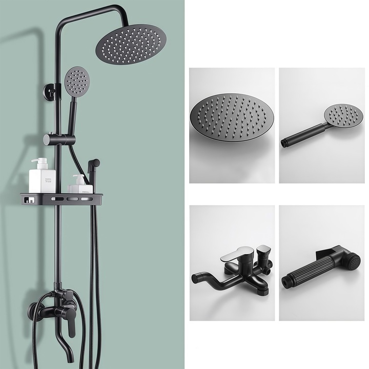 Coloana de dus, Wacorresi, Set Dus complet, 3 functii, Otel inoxidabil, Spray cu Oxigen, Masa de Depozitare Reglabila, Baterie cu Aerator, Racorduri Incluse, Control Rece/Cald, Materiale Premium, Negru