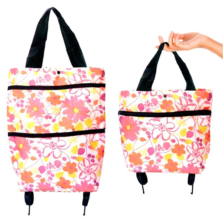 Сгъваема пазарска количка, 600D, водоустойчива, 10L, колела, ергономичен дизайн, бял фон с червени и розово-лилави цветя, жълти и розово-лилави листа