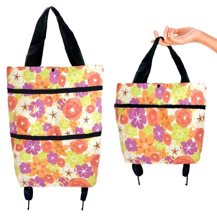 Сгъваема пазарска количка, 600D, водоустойчива, 10L, колела, ергономичен дизайн, бял фон с червени, жълти и розово-лилави цветя