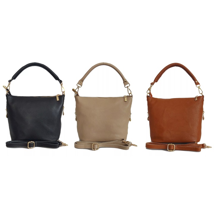 Geanta de umar din piele naturala Vera Pelle, model cu fermoar, accesorii aurii, culoare camel, dimensiuni 19x25x12,5cm