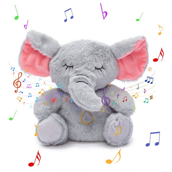 Плюшена играчка дишащо слонче, LED топла светлина, Нежни и успокояващи мелодии, Мек плюш, 30 сантиметра, Сив