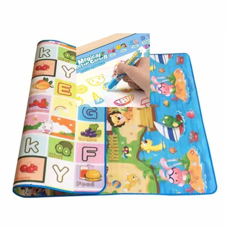 Двулицево детско килимче + магическа водна подложка Aqua, Полиуретанова пяна / EVA, Непромокаемо и неплъзгащо покритие, Размер на килима: 120 х 180, Размер на подложката 80 х 100 сантиметра, Според наличностите