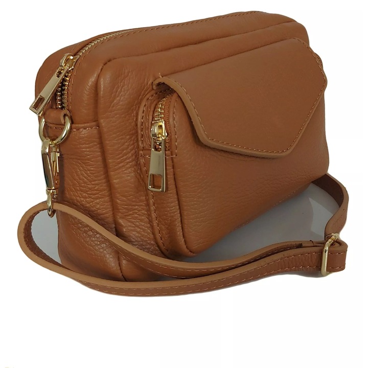 Geanta de umar, Vera Pelle, piele naturala, dimensiuni 15x23x5cm, culoare camel, lungime curea 127cm