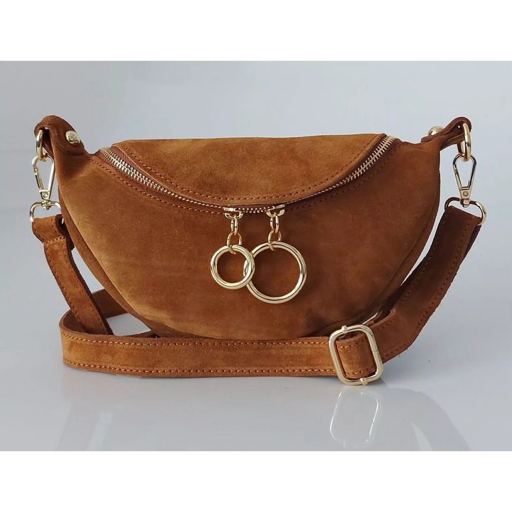 Geanta dama, Vera Pelle, toamna, zamsz, camel, 15x25x8cm