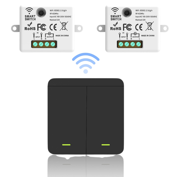 Intrerupator inteligent wireless Omelivon, dublu, cu telecomanda si WiFi, pentru iluminat, negru