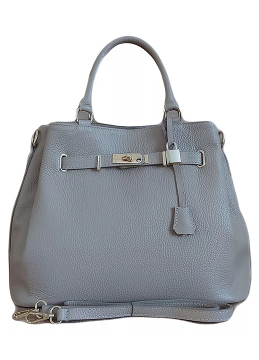 Geanta de dama din piele naturala, Vera Pelle, cu accesorii aurii, cu lacat, bej, 28x35x19cm