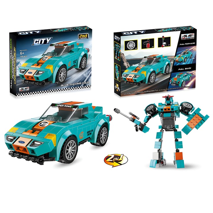 Set Constructie 2-in-1 Masina de Curse & Robot Transformabil, 196 piese, multicolor, 20cm