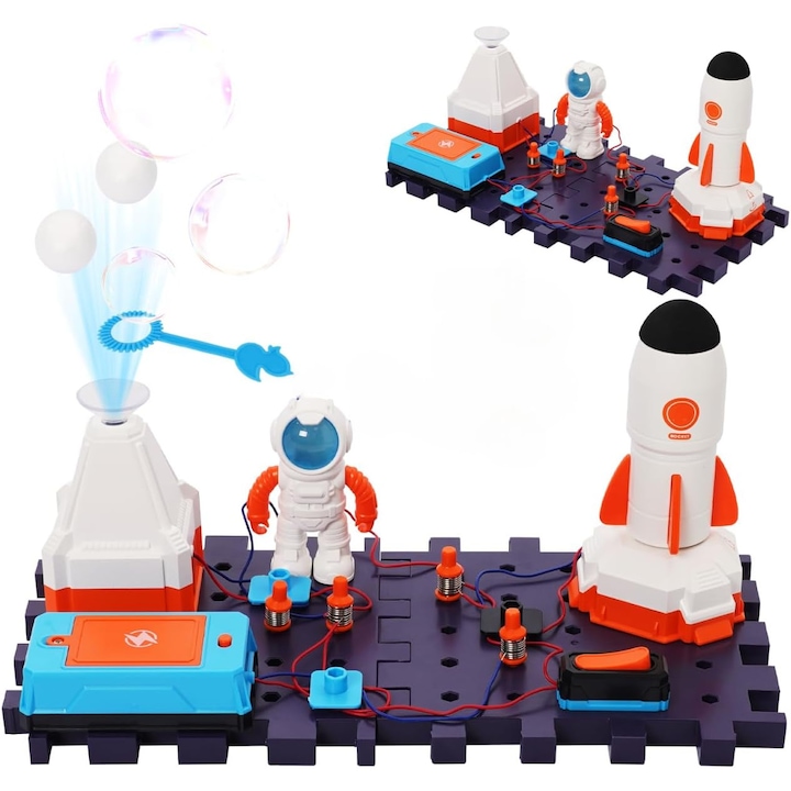 Set educativ electronic tip stem pentru copii Space Station, Zola, 2 placi de baza, 30.5 x 16 x 1.2 cm, baterie, comutator, conectori si organizatoare