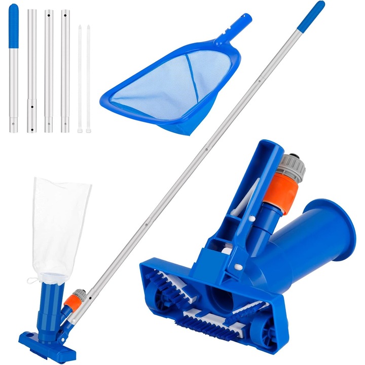 Комплект за почистване на басейн, преносима прахосмукачка, смукателна глава с долна четка, разглобяем алуминиев прът, мрежа за скимер, 18x6 см