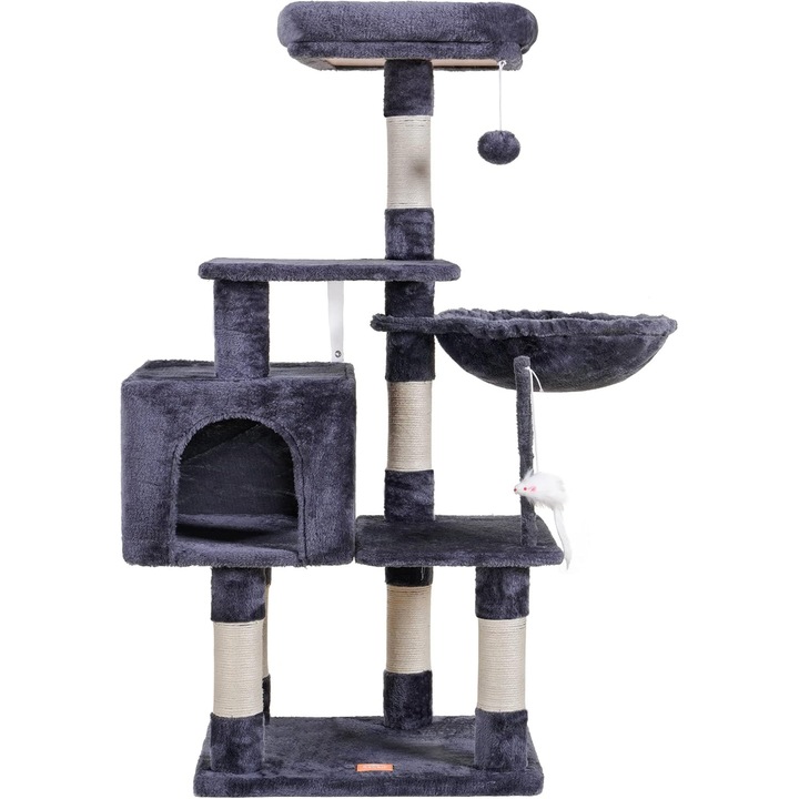 Ansamblu de joaca pentru pisici, 3 platforme de vizionare, 3 niveluri, casa, 110x129cm, gri