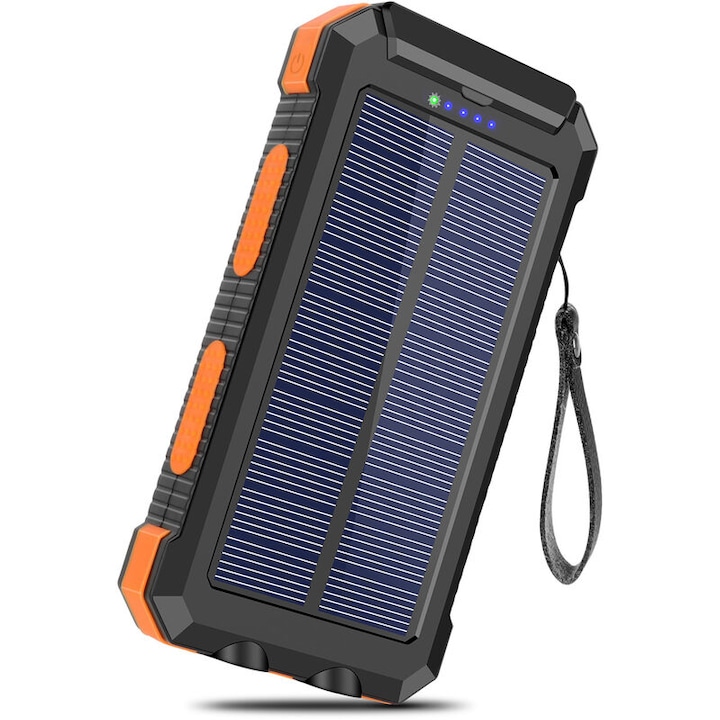 Incarcator solar 20000mAh, 2 porturi USB, incarcare rapida, portabil, port wireless, portocalie