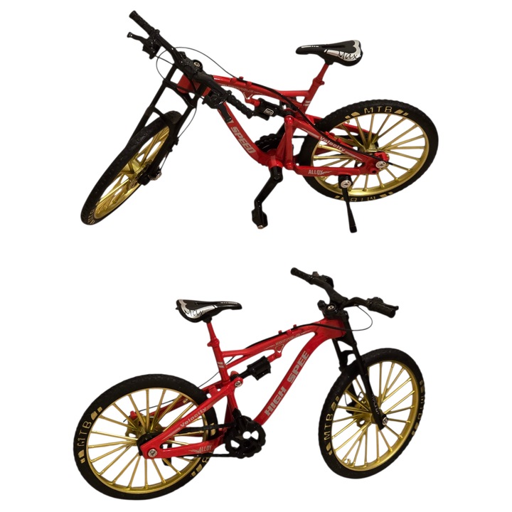 Jucarie Bicicleta model cu cadrul metalic 17 cm, Suspensie, Design High Speed, Roti mobile si suport de sprijin, ghidon mobil, Culoare rosie