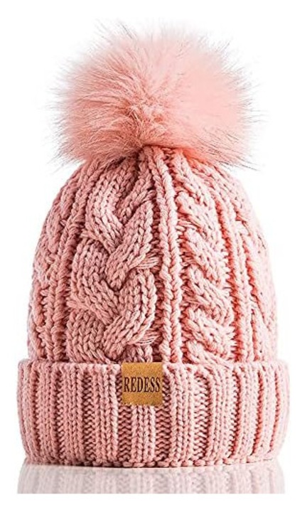 Caciula de iarna Redess, design cu manseta, pompom, captuseala fleece, roz inchis, universal