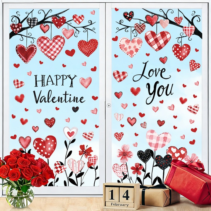 Декоративни стикери за Свети Валентин, комплект от 6 броя, тема Свети Валентин, сърце, декорация за стена, романтични, електростатични стикери, 20×30 см