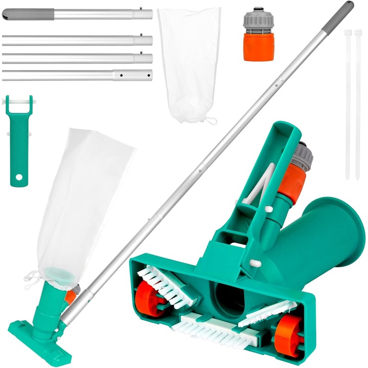 Aspirator portabil pentru piscina, kit de curatare, cap de aspiratie cu perie inferioara, tija din aluminiu detasabila, 4.79ft