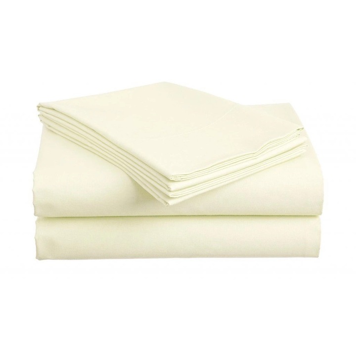 Set doua cearceafuri de pat de 215 x 150 cm (cu elastic) si 240 x 270 cm (simplu) + fata de perna de 50 x 80, culoare crem