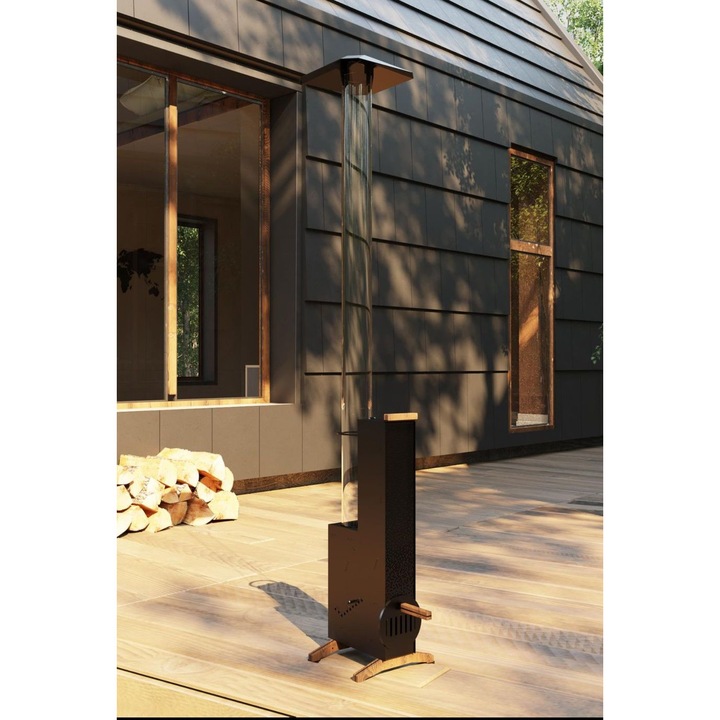 Soba pe peleti FlameTower 2000, tub de sticla borosilicata 150 cm, inaltime totala ~225 cm, otel, multicolor