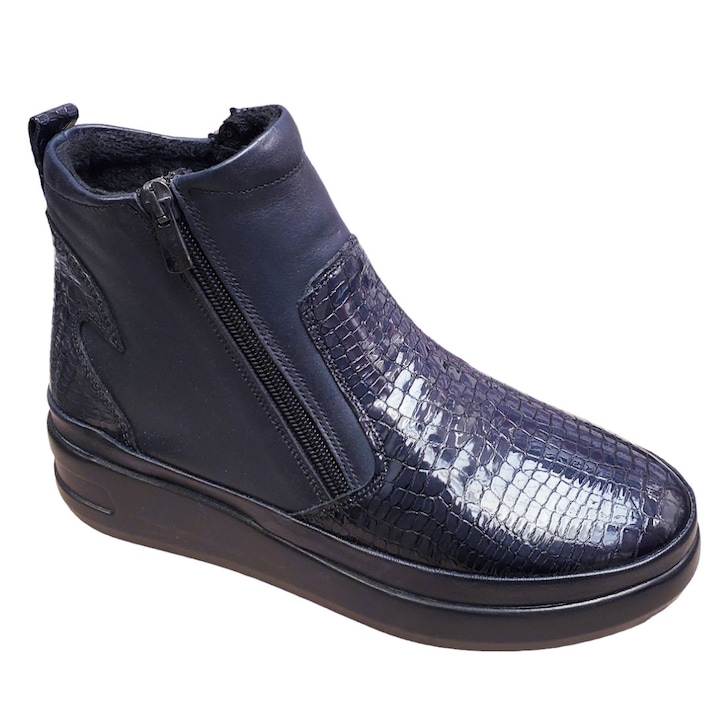 Ghete dama ortopedice din piele naturala croco cu doua fermoare, bleumarin, 36