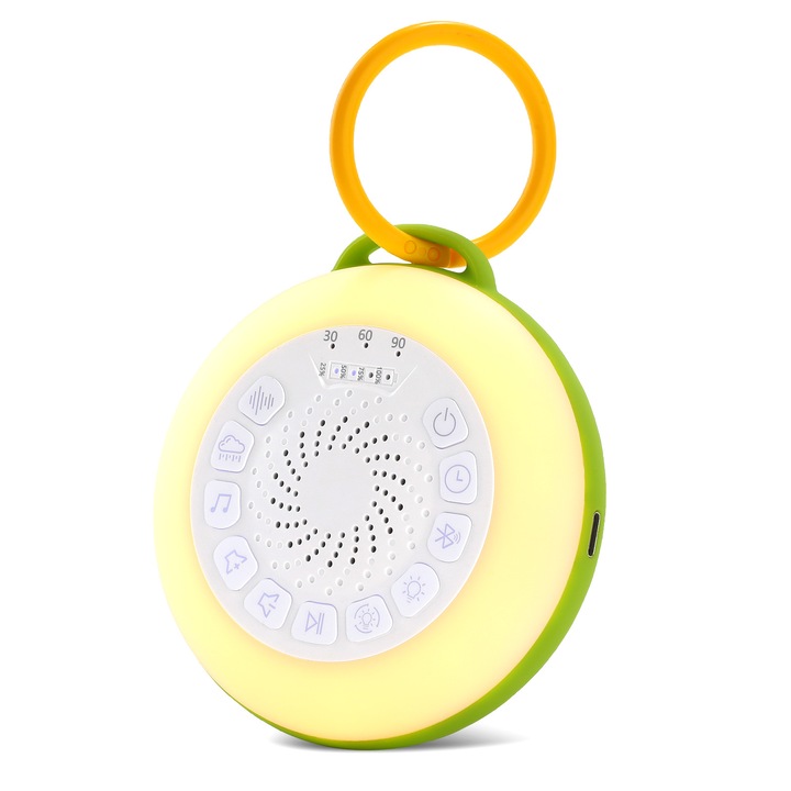 Aparat portabil de zgomot alb pentru bebelusi, calmant cu zgomot alb si lampa de veghe 2 in 1, 32 de cantece de leagan linistitoare si sunete naturale, silicon de grad alimentar, cu functie Bluetooth